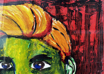Oil painting portrait of Pavlov Victor man with green face blue eyes yellow hair on red background