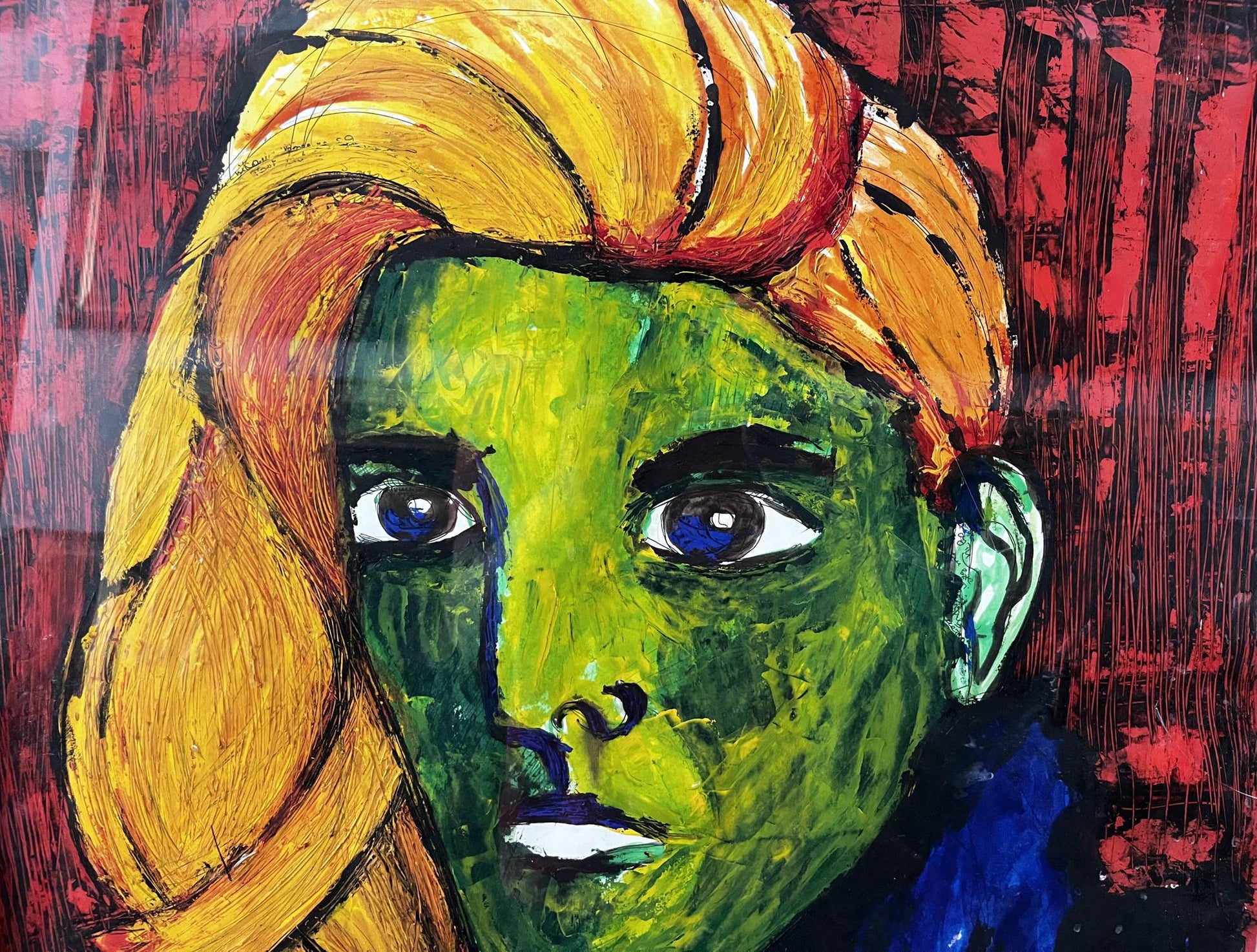 Oil painting portrait of Pavlov Victor: green-skinned man with golden hair on red background