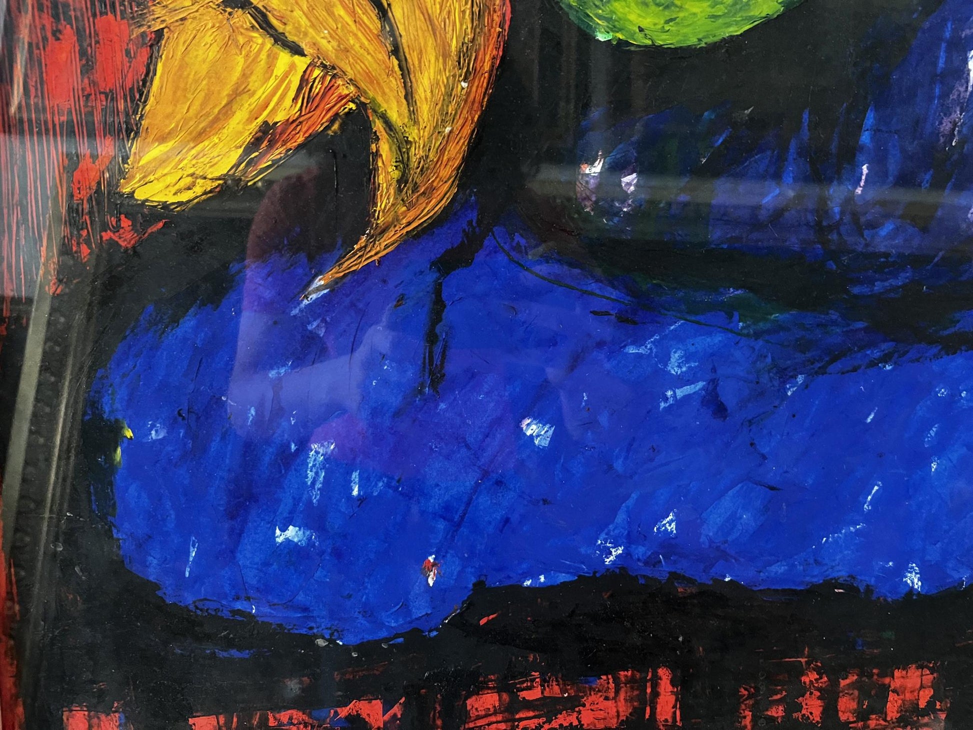 Vibrant oil portrait of man Pavlov Victor with bold yellow, blue, red strokes