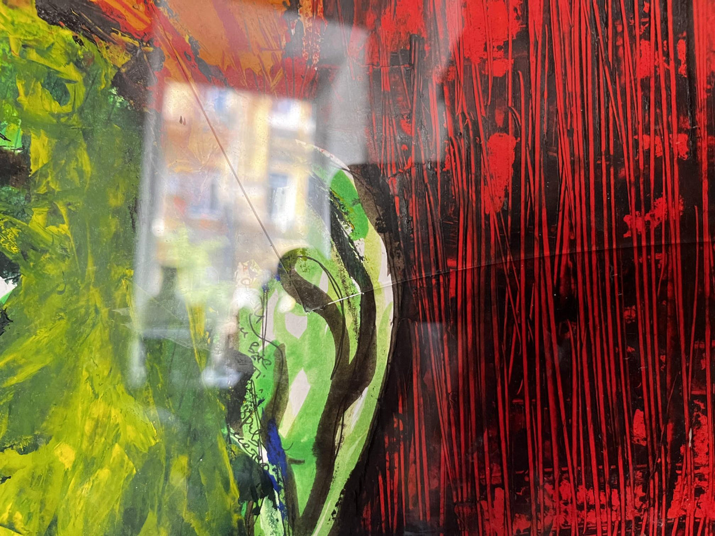 Oil painting of man Pavlov Victor with bold red streaks on green black textured background