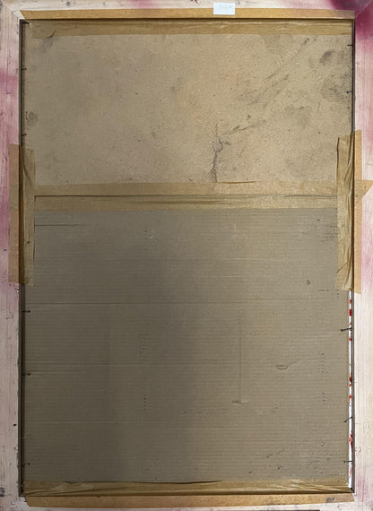 Back of Oil painting Portrait of a man Pavlov Victor with beige cardboard and tan tape in wooden frame