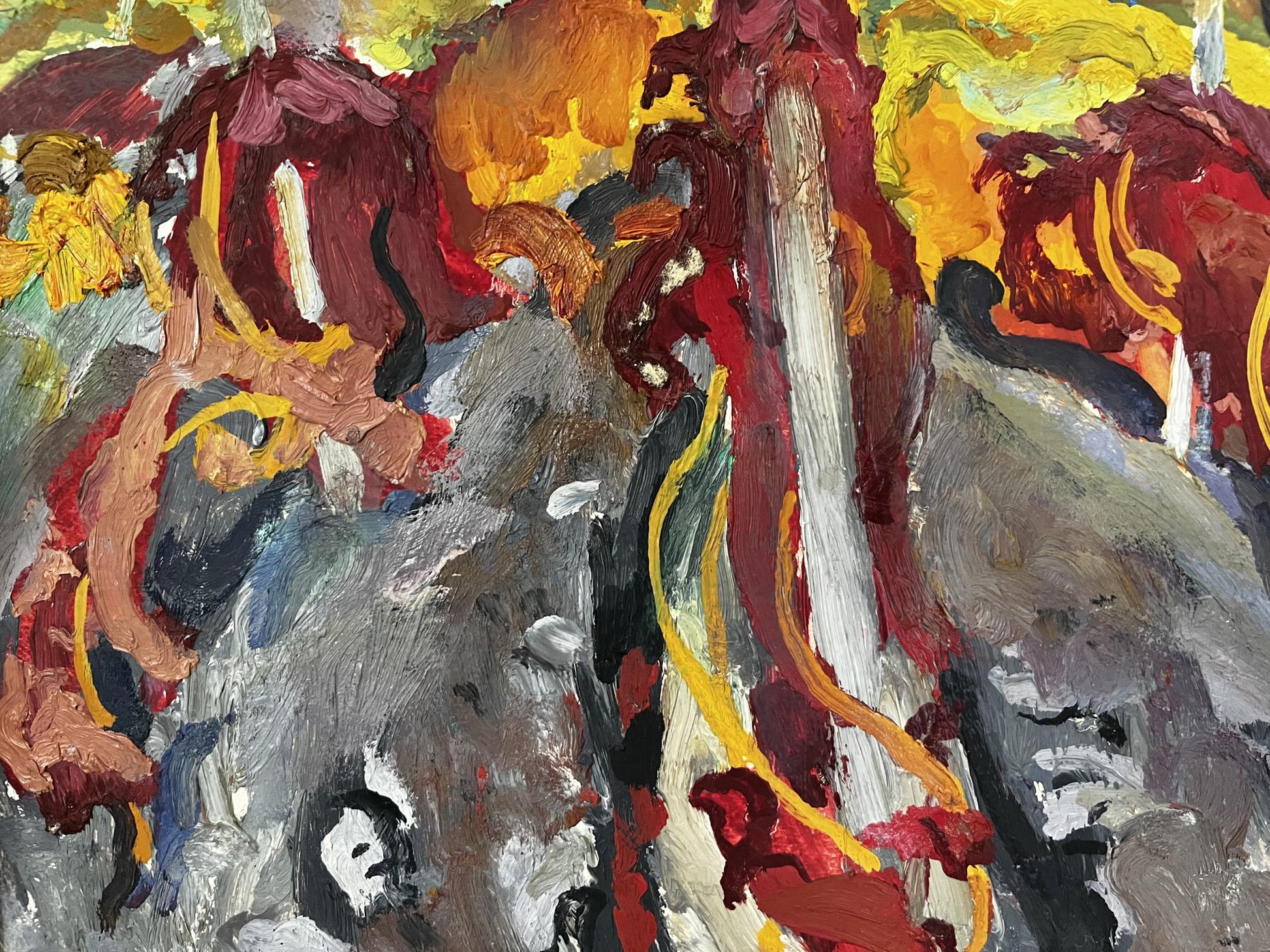 Oil painting Vineyard by Zakipny Valery Alexandrovich, abstract reds, yellows, grays
