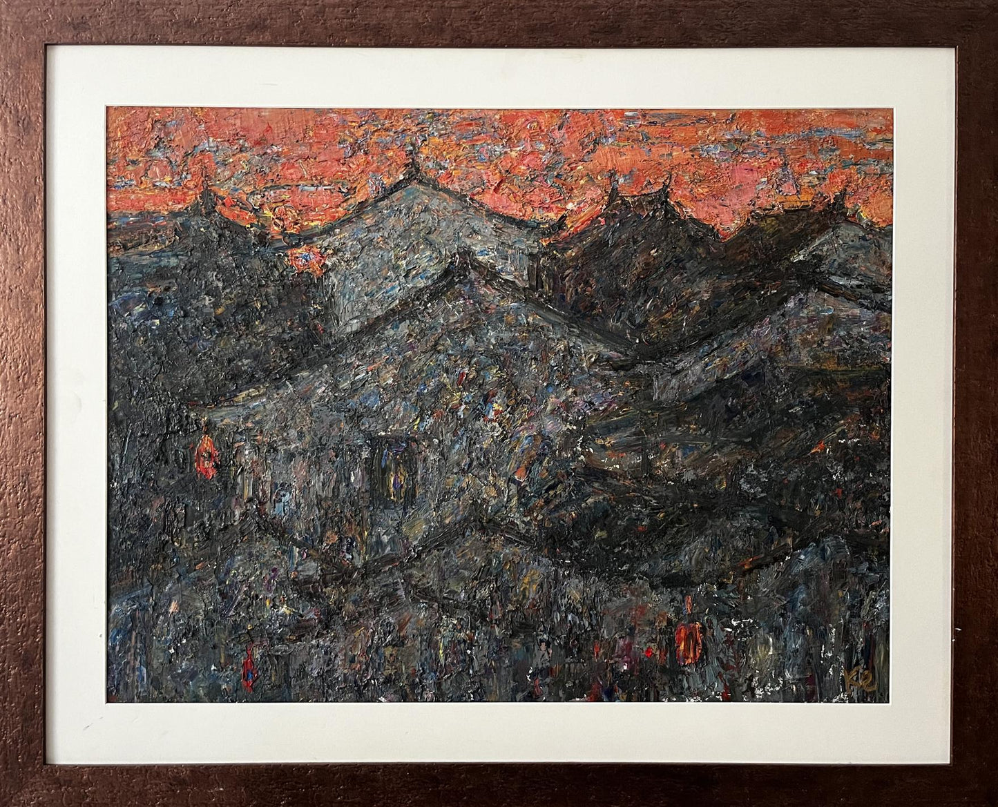 Oil painting Evening in Sujo Sun Ke village sunset in dark wood frame