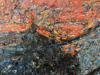 Vibrant impasto oil painting Evening in Sujo Sun Ke with reds oranges blues
