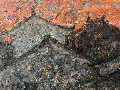 Oil painting Evening in Sujo Sun Ke with fiery orange black rooftops