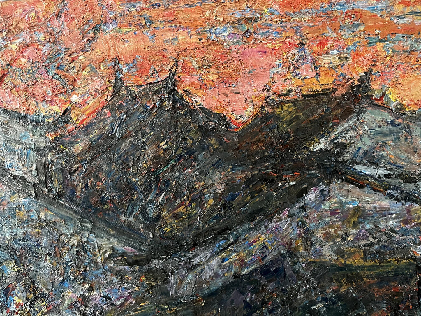 Oil painting Evening in Sujo Sun Ke with fiery orange red brushstrokes on mountain silhouettes