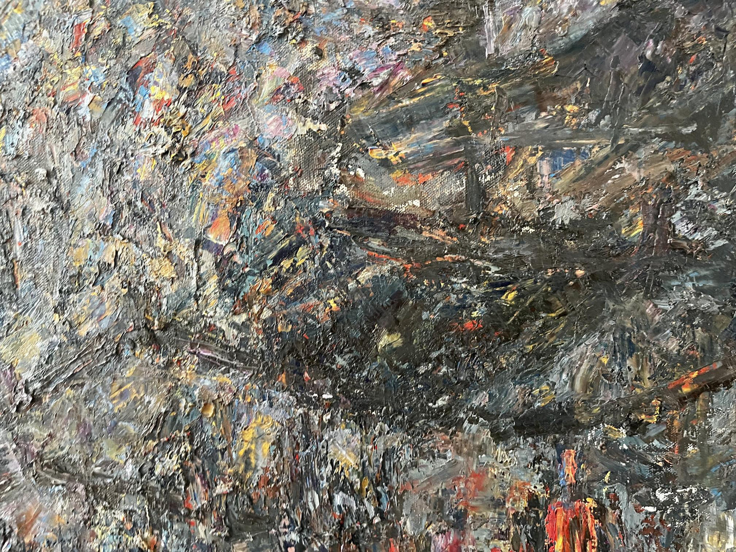 Abstract expressionist oil painting Evening in Sujo Sun Ke in dark grays with red splashes