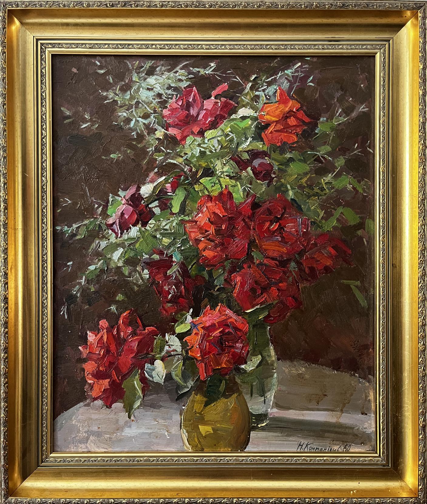 Oil painting of red orange roses in gold vase by Kompaniets-Kianchenko Nadezhda Dmitrievna