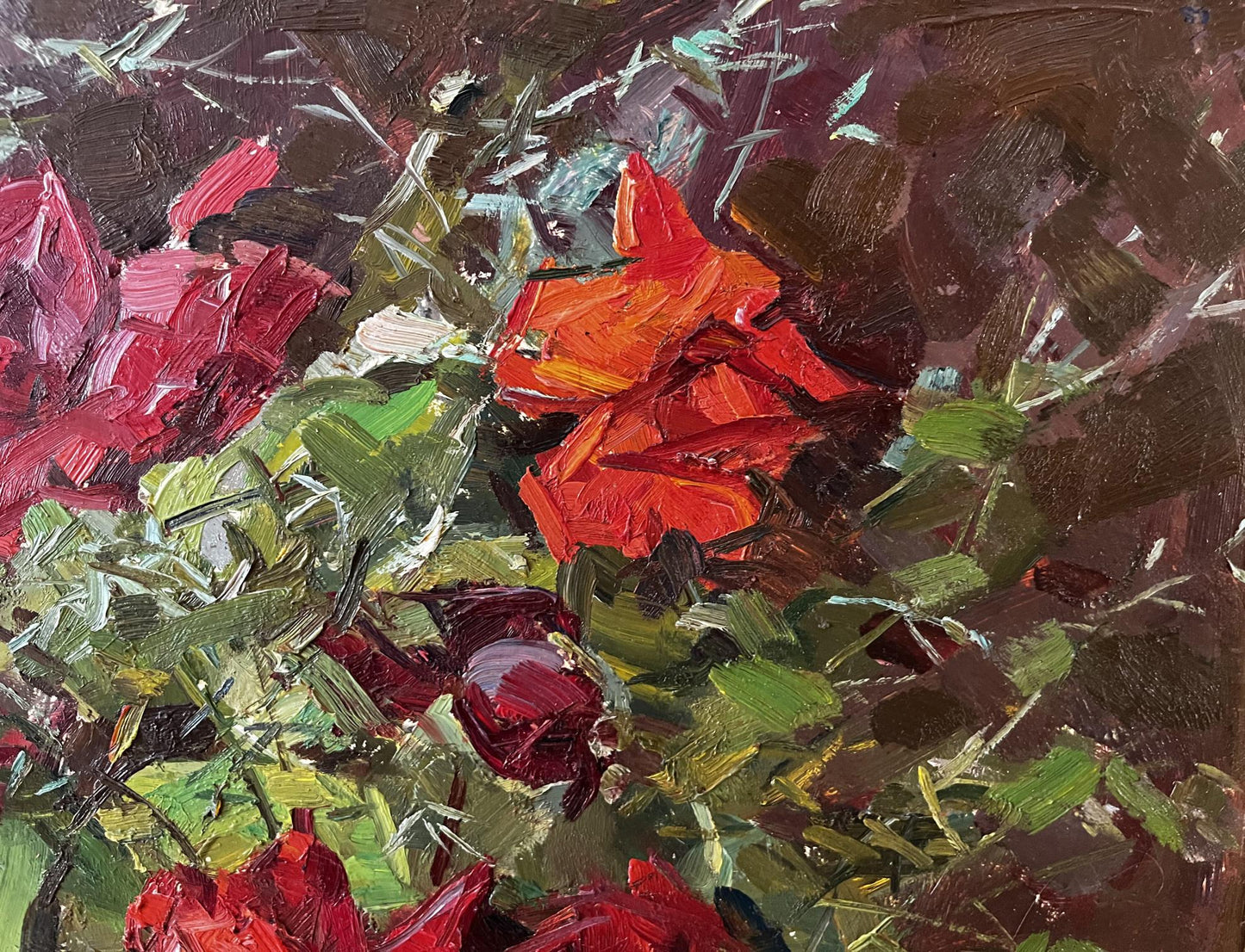 Vibrant red orange roses oil painting by Kompaniets-Kianchenko Nadezhda Dmitrievna