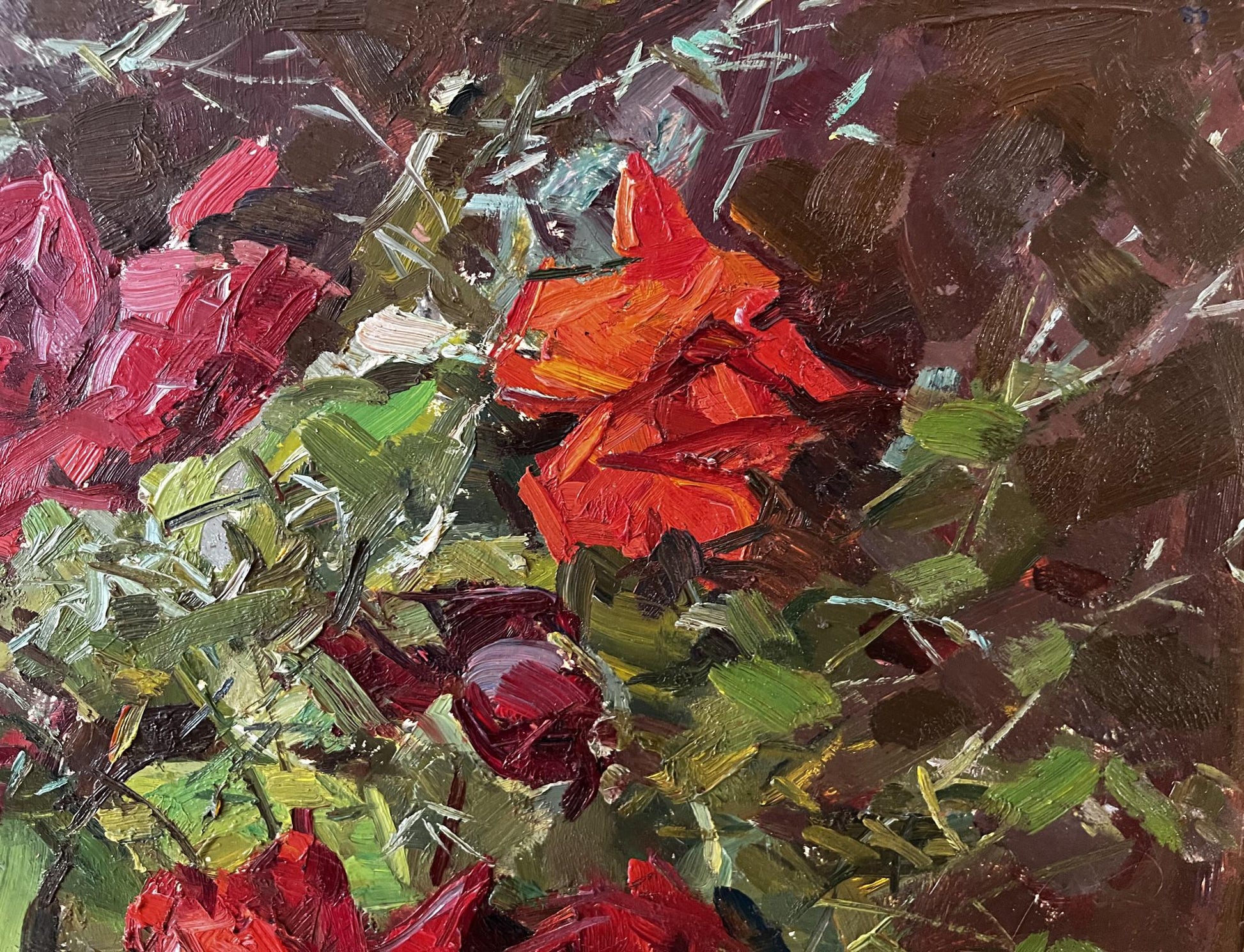 Vibrant red orange roses oil painting by Kompaniets-Kianchenko Nadezhda Dmitrievna