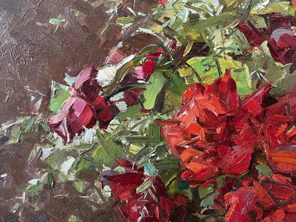 Vibrant red and burgundy roses oil painting by Kompaniets-Kianchenko Nadezhda Dmitrievna