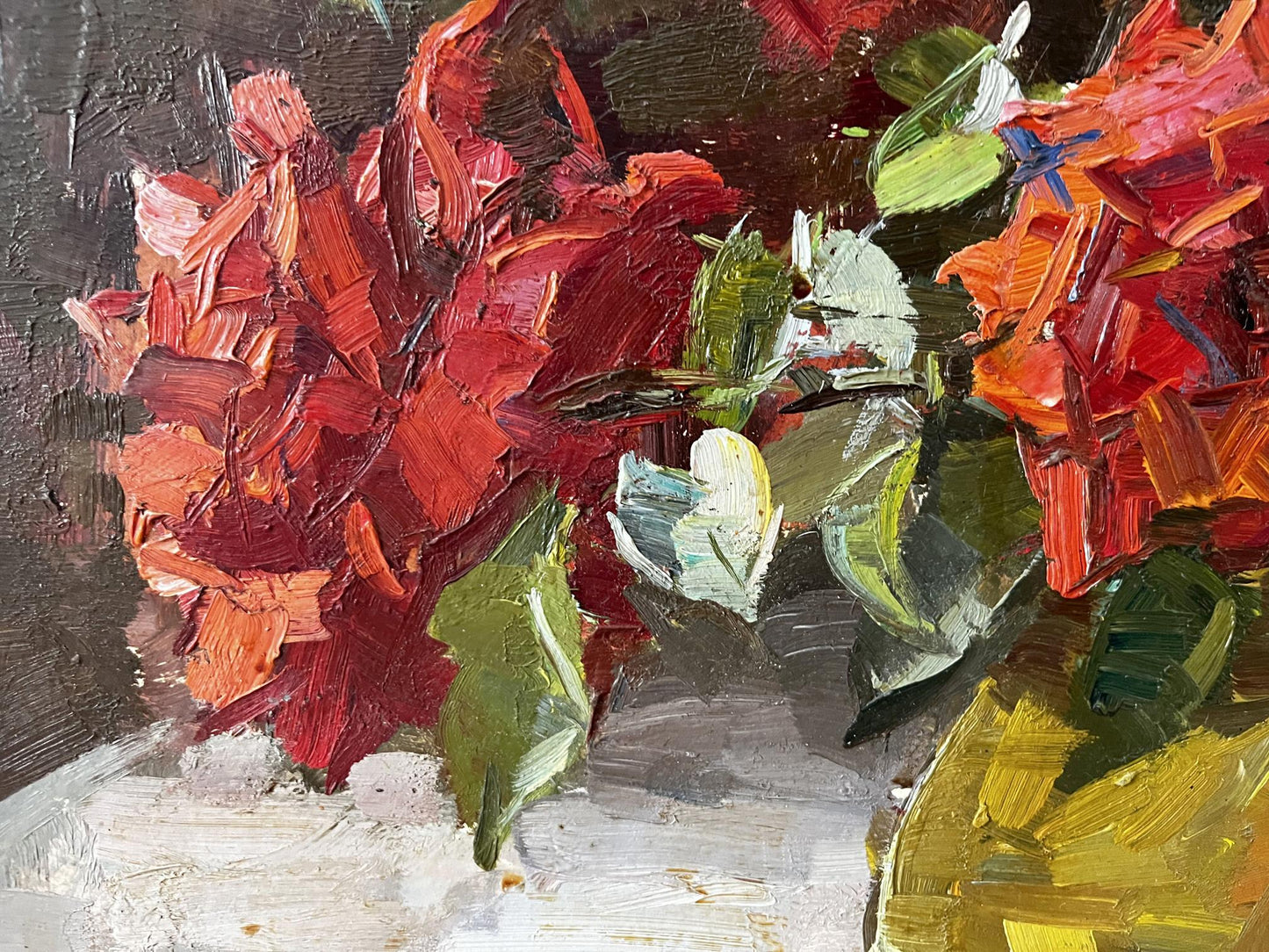 Vibrant red orange roses oil painting by Kompaniets-Kianchenko Nadezhda Dmitrievna