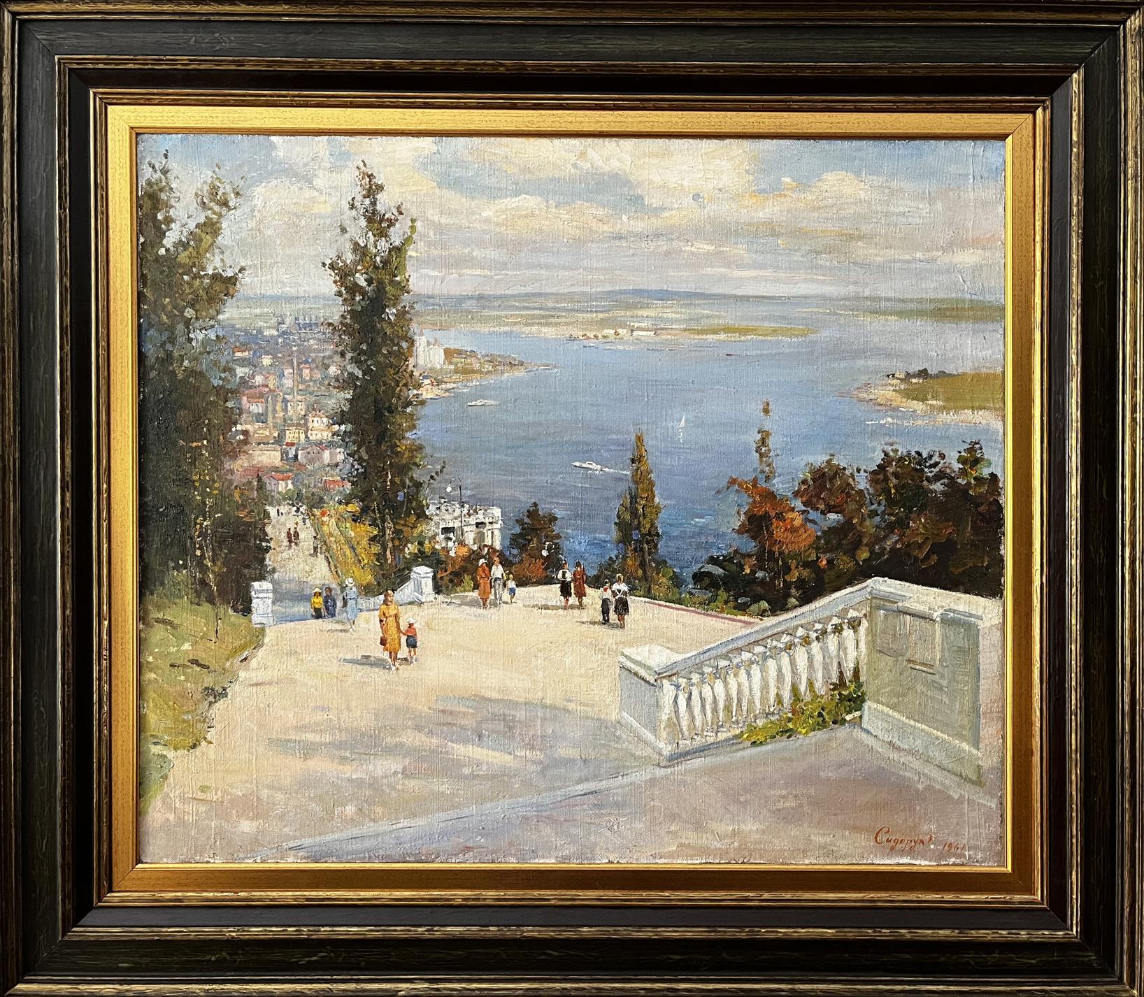 Framed oil painting of Odessa coastal town by Sidoruk Volodymyr Fedorovich