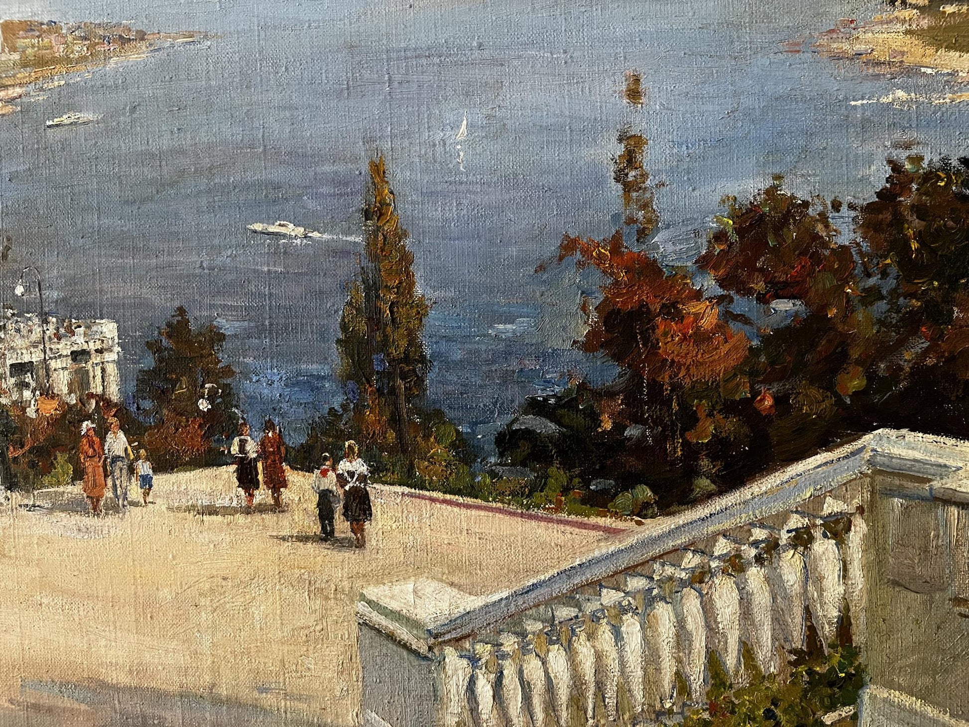 Oil painting of Odessa sunlit coastal pathway with ornate white stone balustrade by Sidoruk Volodymyr Fedorovich