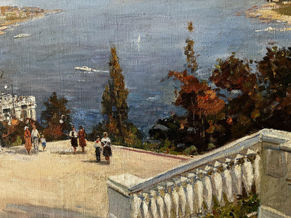 Oil painting of Odessa sunlit coastal pathway with ornate white stone balustrade by Sidoruk Volodymyr Fedorovich