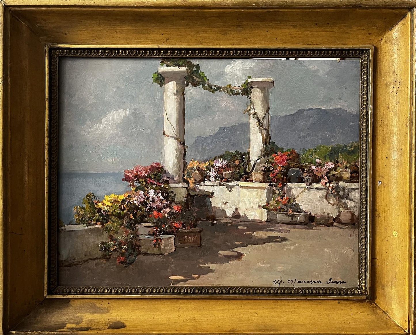 Oil painting Veranda in Naples: sunlit terrace with columns, flowers, mountains