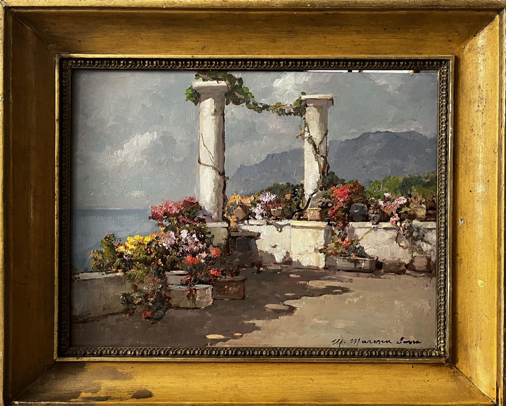 Oil painting Veranda in Naples: sunlit terrace with columns, flowers, mountains
