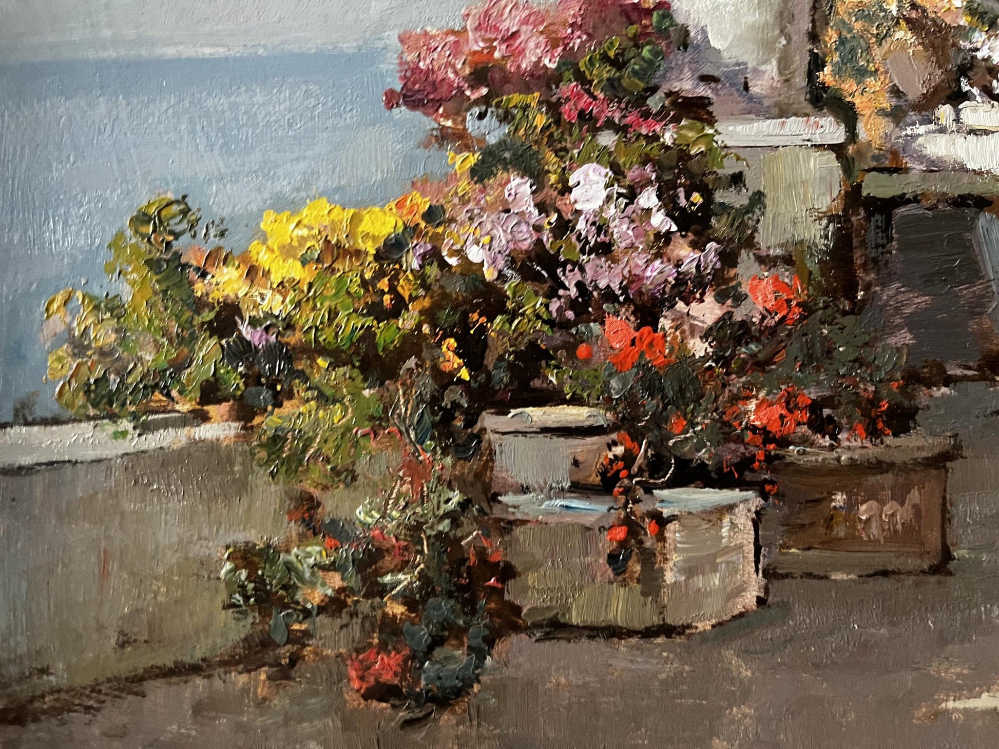 Vibrant impressionistic Veranda in Naples oil painting with colorful floral pots