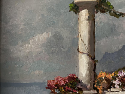 Weathered ivy-covered stone column in Oil painting Veranda in Naples Mucha Marasca Sani