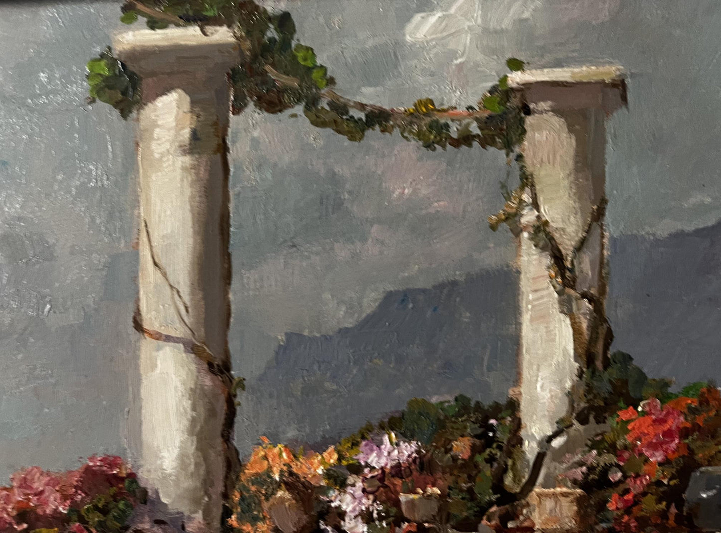 Oil painting of ivy-draped stone columns on Naples veranda with vibrant flowers