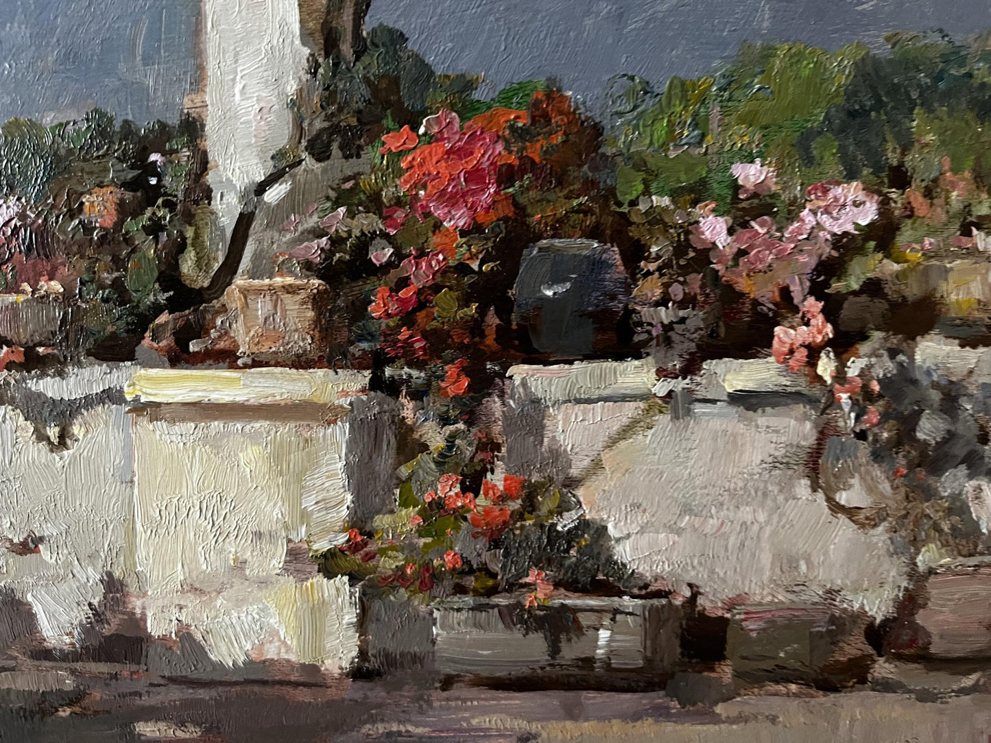 Vibrant red pink blossoms on Veranda in Naples Mucho Marasca Sani oil painting