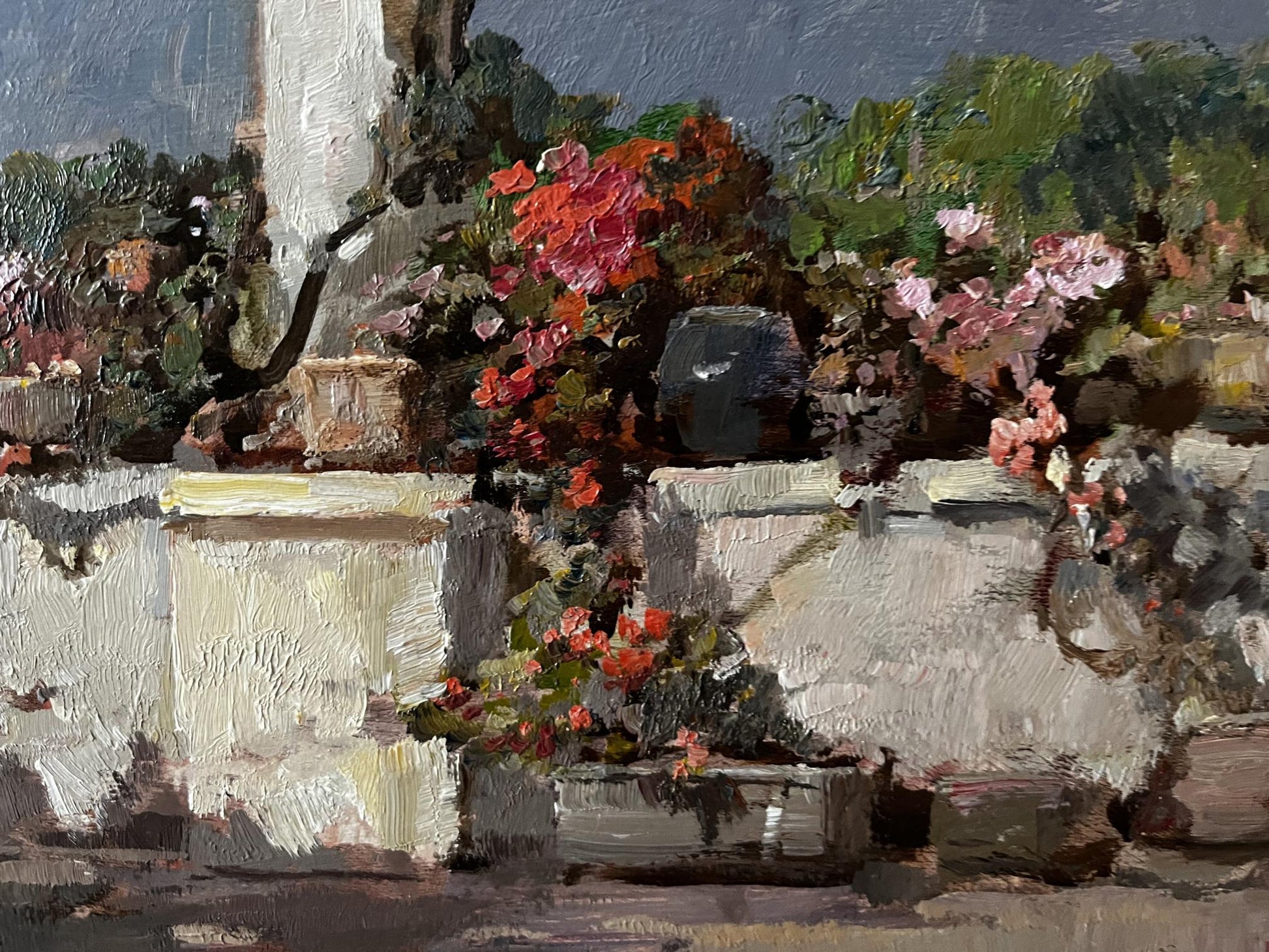 Vibrant red pink blossoms on Veranda in Naples Mucho Marasca Sani oil painting