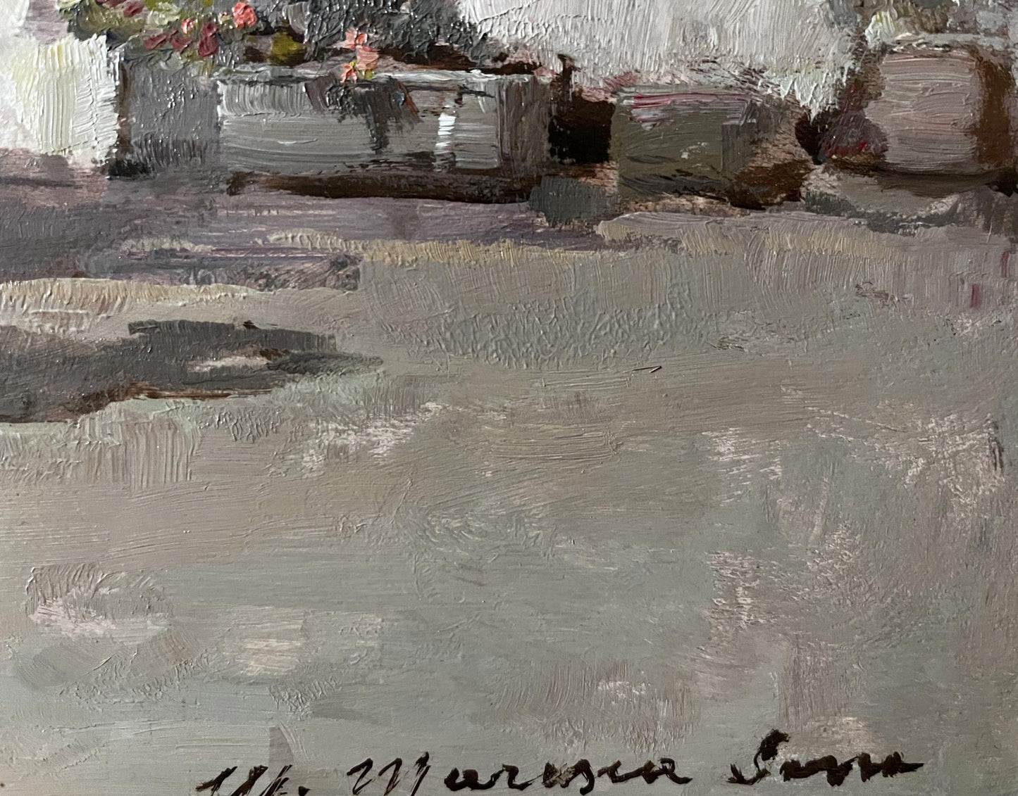 A textured, impressionistic painting of a stone wall with subtle pink and green floral accents in the upper left corner.