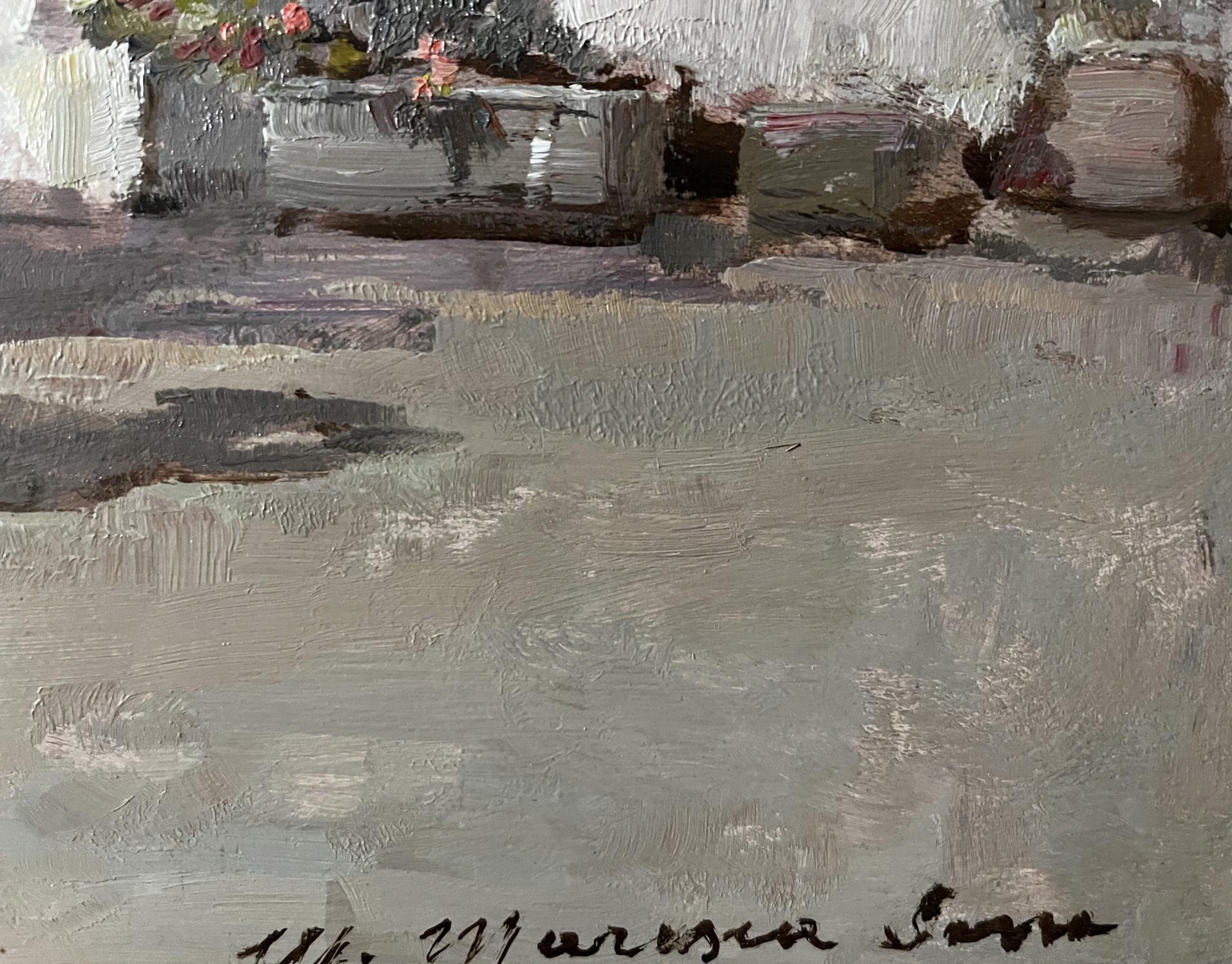 A textured, impressionistic painting of a stone wall with subtle pink and green floral accents in the upper left corner.