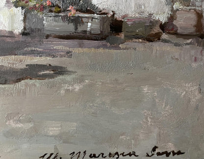 A textured, impressionistic painting of a stone wall with subtle pink and green floral accents in the upper left corner.