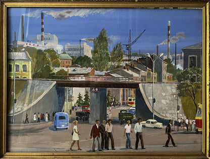 Oil painting City Life by Selsky Roman Yulianovych, industrial cityscape