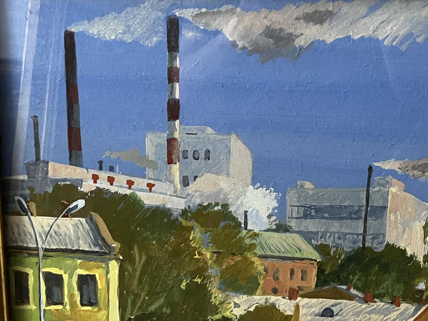Oil painting City Life by Selsky Roman Yulianovych, striped smokestacks
