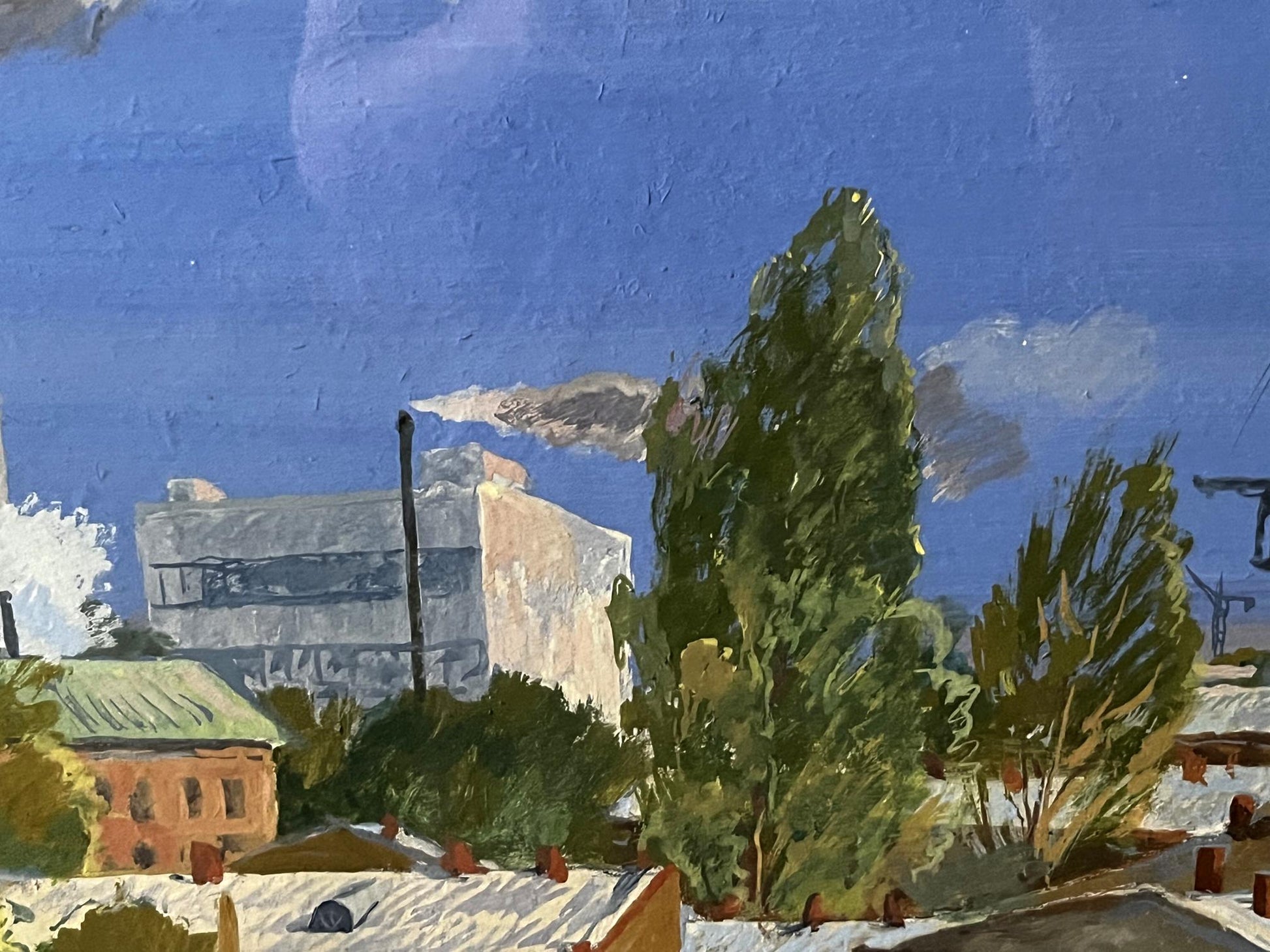 Impressionistic oil painting by Selsky Roman Yulianovych of tall green tree against blue sky