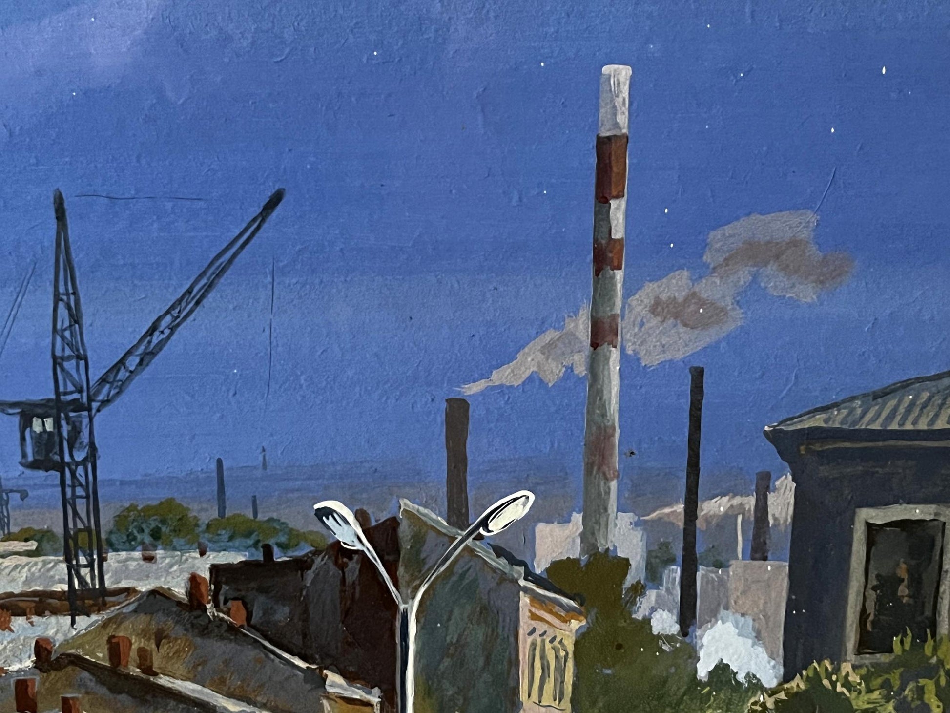 Tall red-white striped industrial chimney in Selsky Roman Yulianovych oil painting