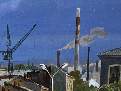 Tall red-white striped industrial chimney in Selsky Roman Yulianovych oil painting