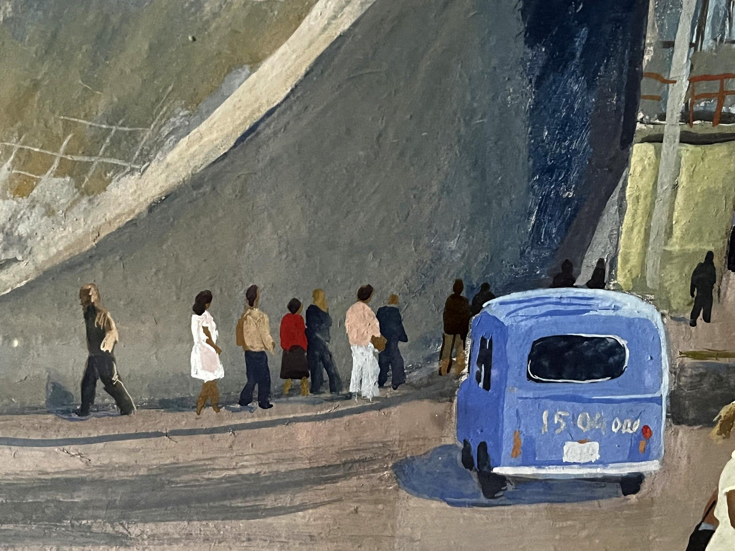 Oil painting by Selsky Roman Yulianovych: blue vintage van with white plate