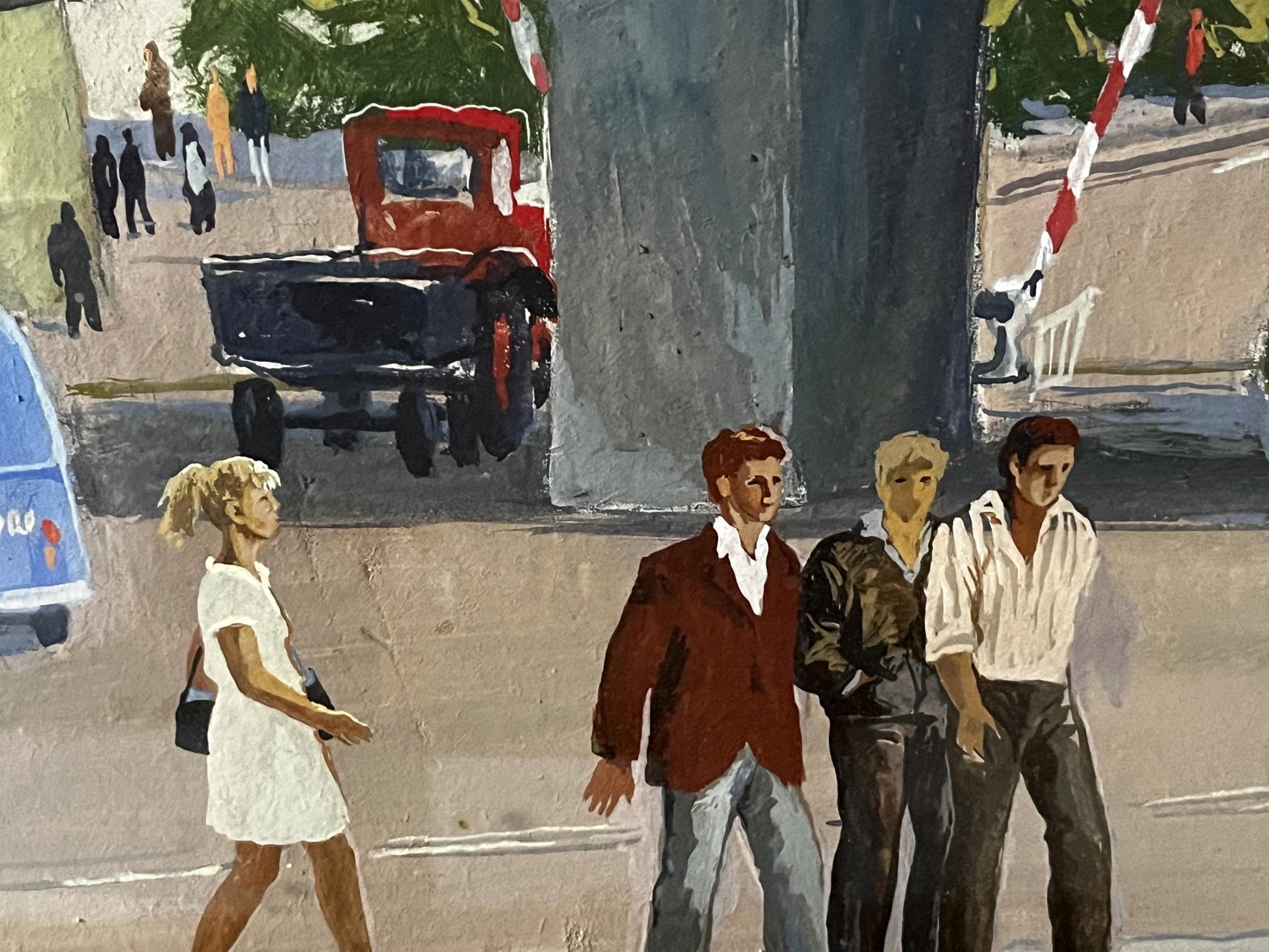 Oil painting by Selsky Roman Yulianovych: woman in white dress crossing street with black handbag