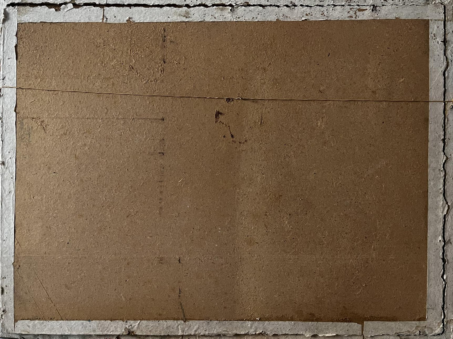 Back of Oil painting City life Selsky Roman Yulianovych on brown cardboard with concrete frame
