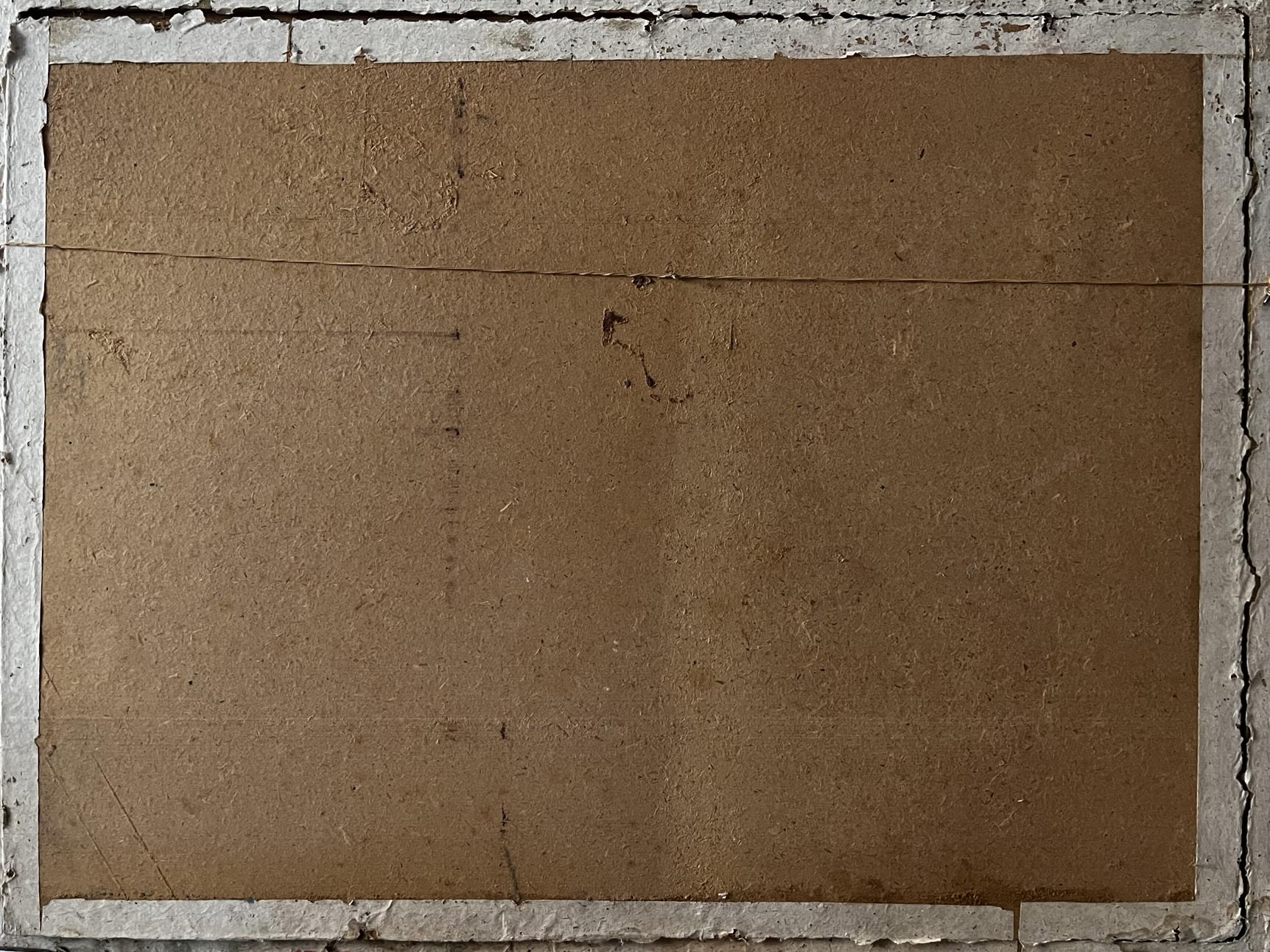 Back of Oil painting City life Selsky Roman Yulianovych on brown cardboard with concrete frame