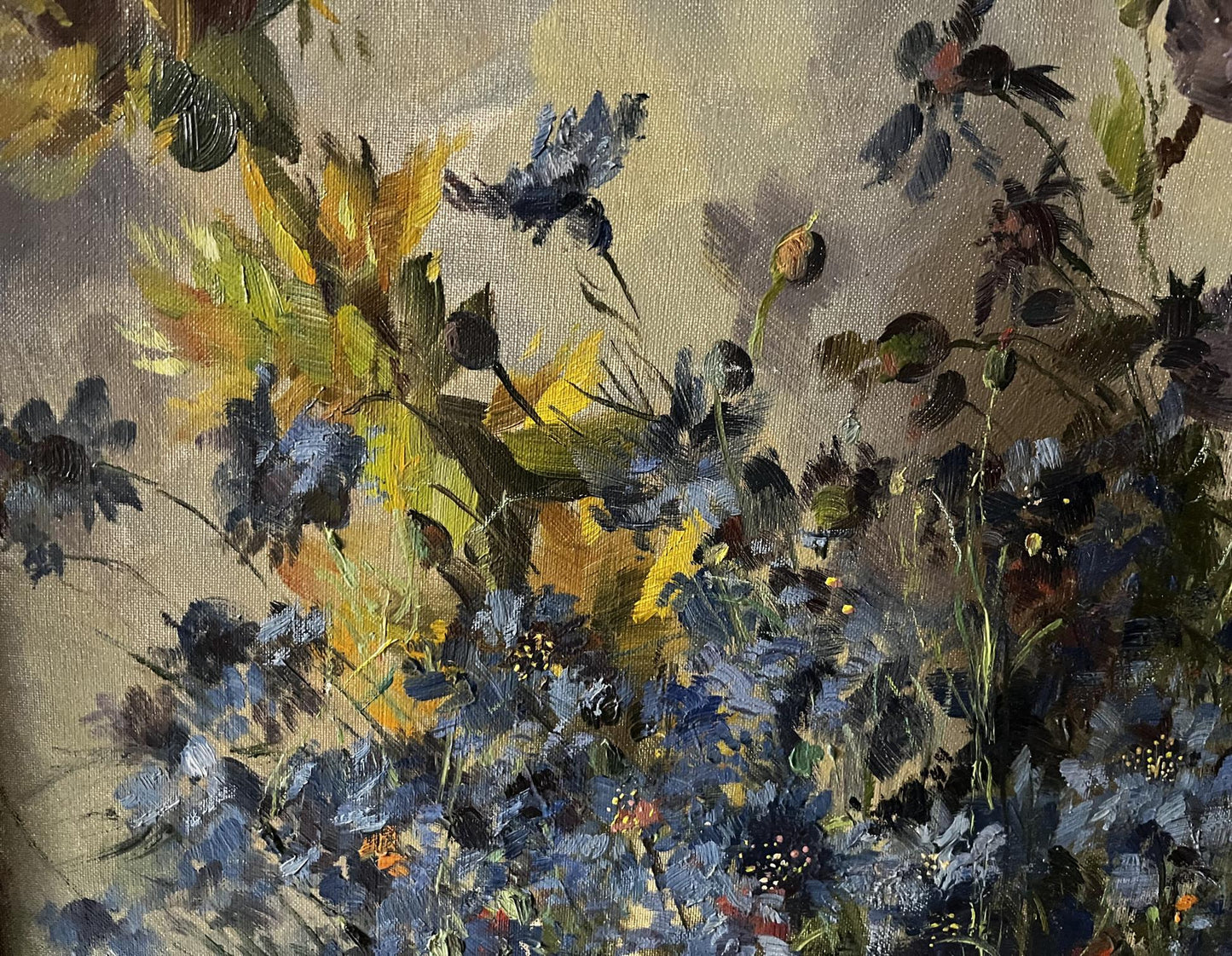 Vibrant oil painting of blue yellow summer wildflowers by Hermann Fricke