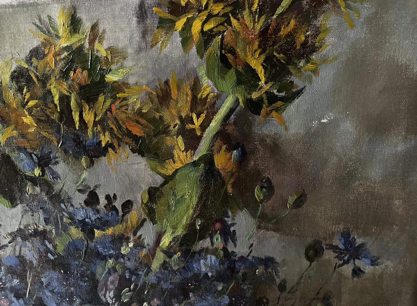 Oil painting Summer flowers by Hermann Fricke with sunflowers and blue flowers