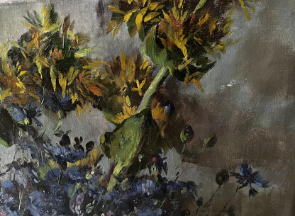 Oil painting Summer flowers by Hermann Fricke with sunflowers and blue flowers