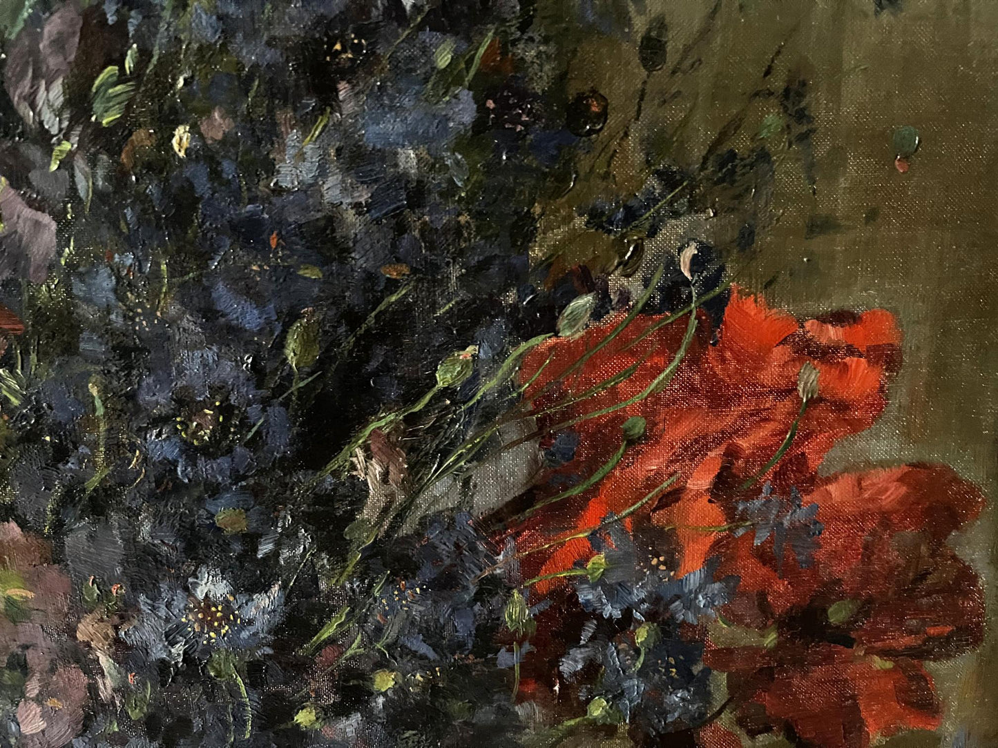 Vibrant red and blue poppies oil painting Summer flowers by Hermann Fricke