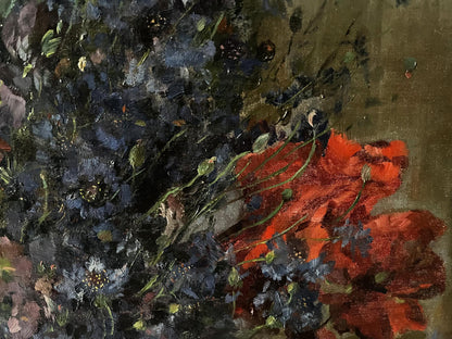 Vibrant red and blue poppies oil painting Summer flowers by Hermann Fricke