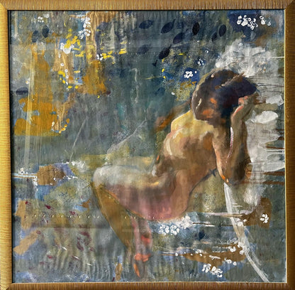 Mixed painting portrait of sleeping nude girl in gold frame