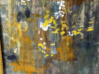 Mixed painting portrait of sleeping girl with yellow white blue strokes on gray