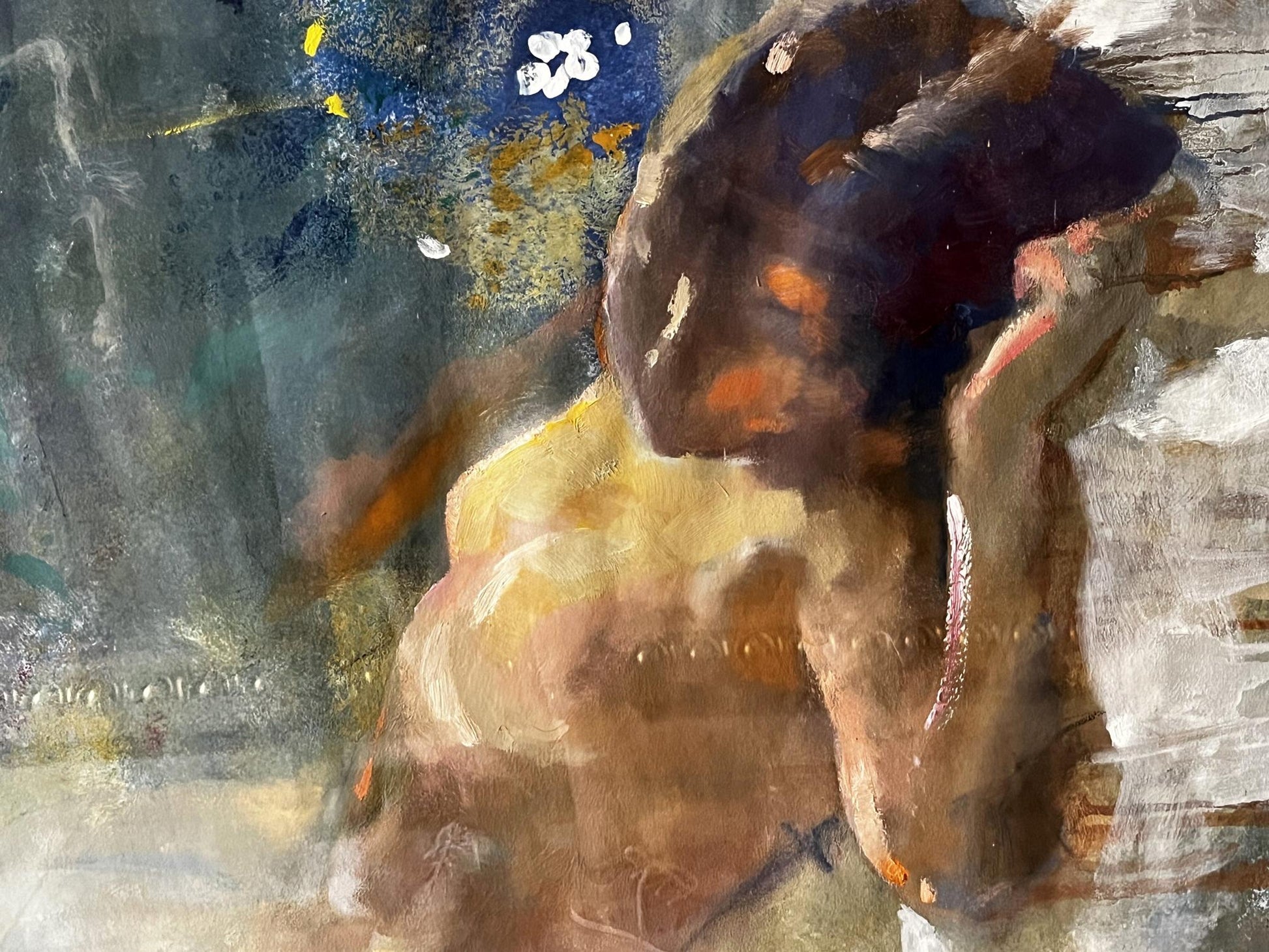 Mixed painting portrait of sleeping girl in earthy abstract tones