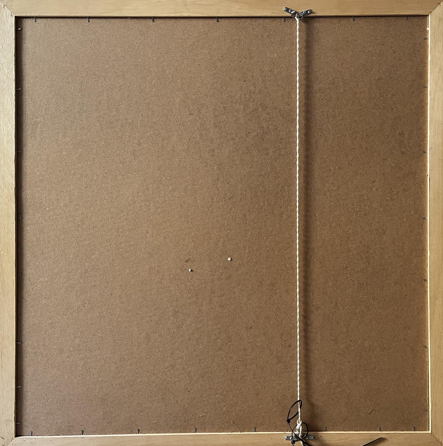 Back of light wood-framed corkboard canvas with white rope, mixed painting portrait