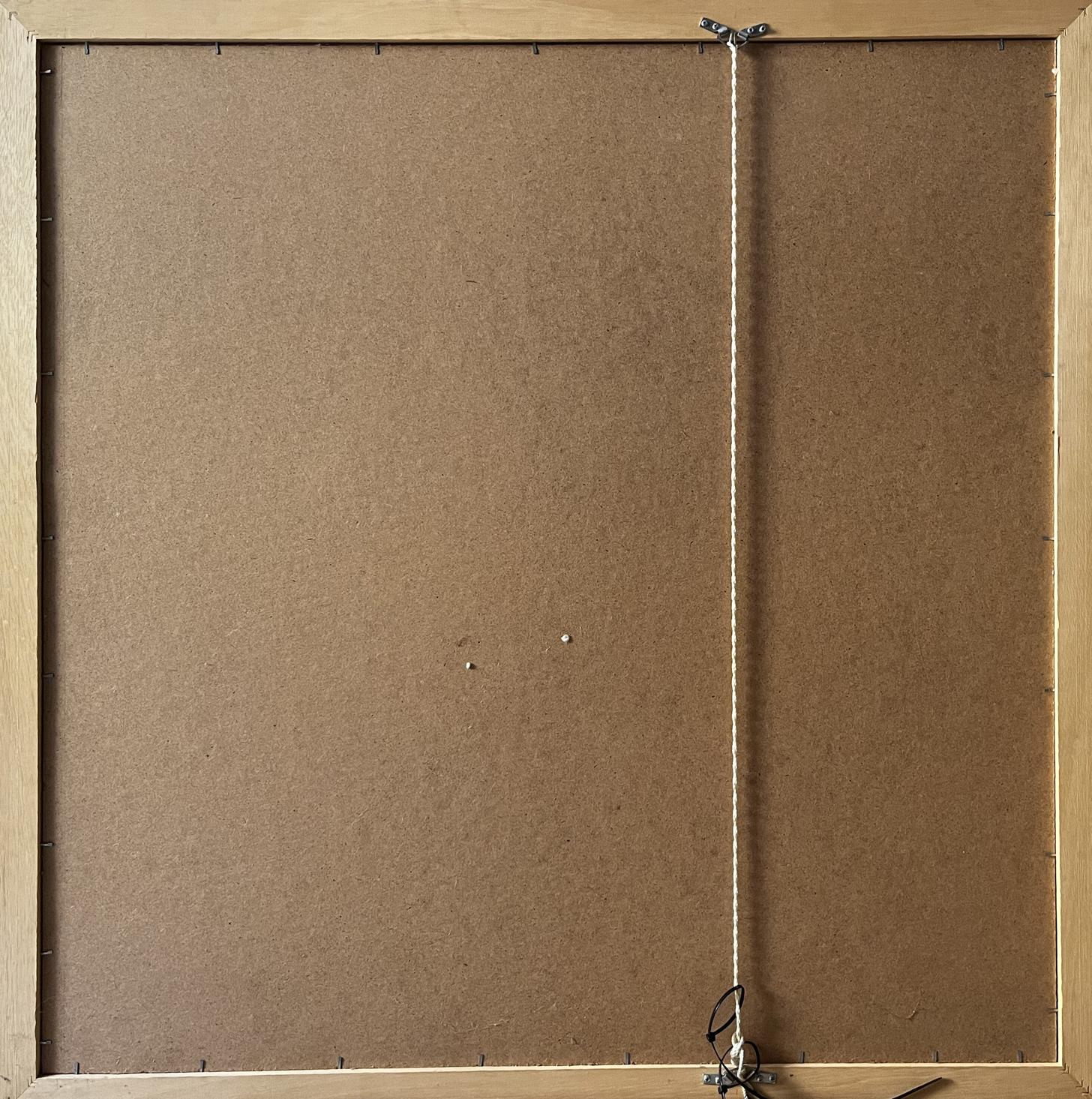 Back of light wood-framed corkboard canvas with white rope, mixed painting portrait