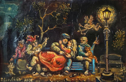 Whimsical oil painting Society in the Park by Daniil Litvinov night scene
