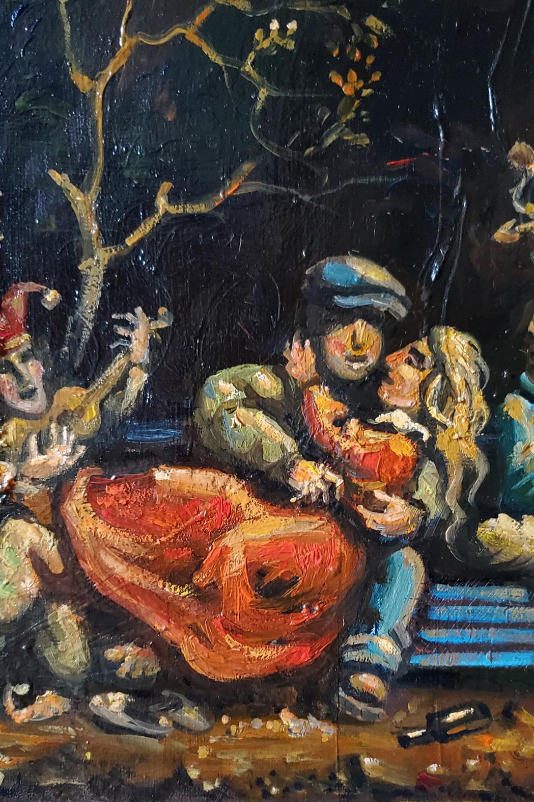 Oil painting Society in the Park by Daniil Litvinov: embracing couple under tree